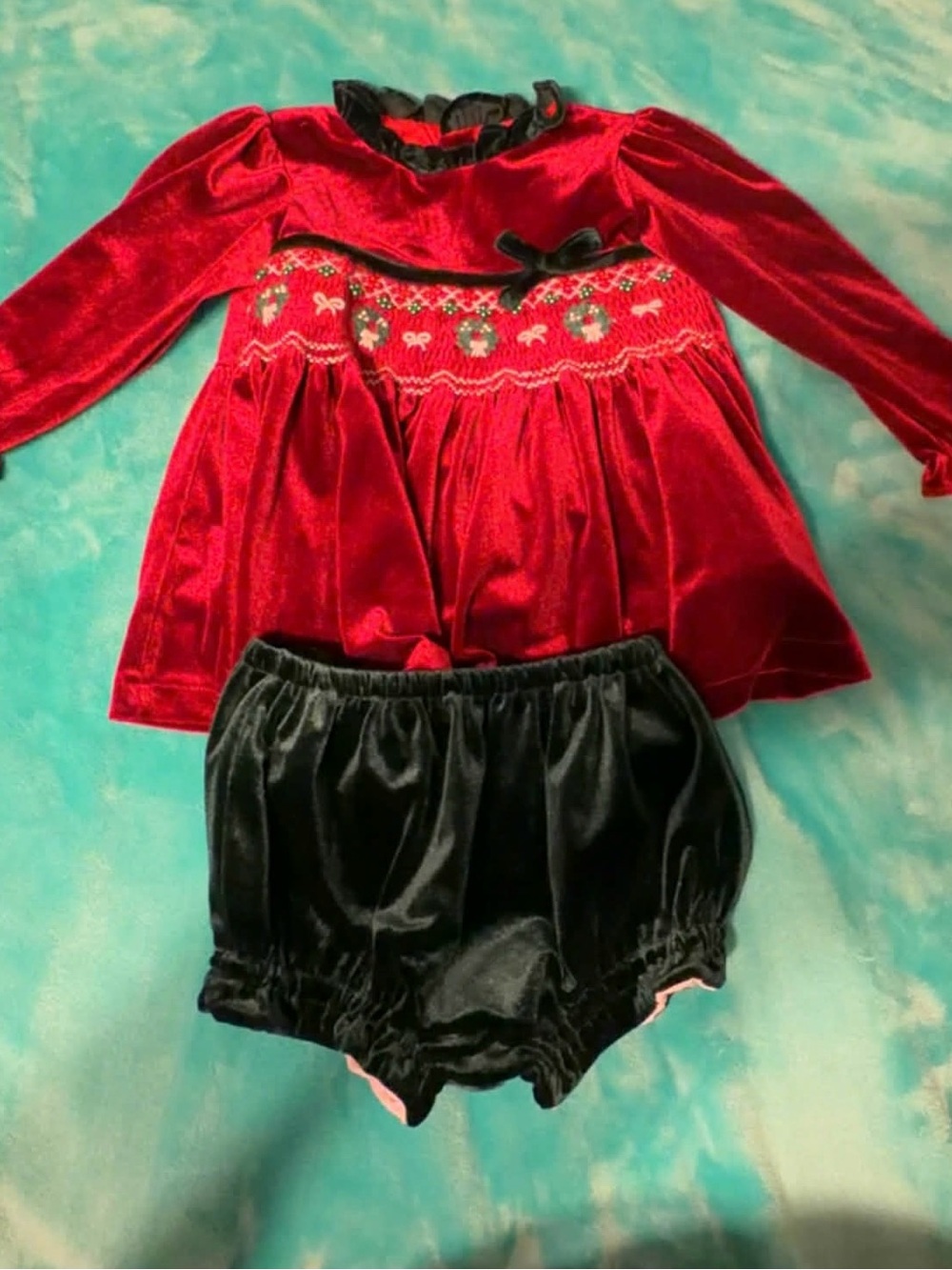 Red Velvet Smocked Dress with Green Bloomers